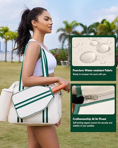 Movker Pickleball Tote Bag for Women Men with Paddle Cover Pocket External Ball Bag and Adjustable Shoulder Strap Fence Hook - Beige thumbnail 5