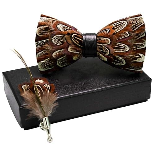 RBOCOTT Handmade Feather Pre-tied Bow tie and Brooch Sets for Men thumbnail 2