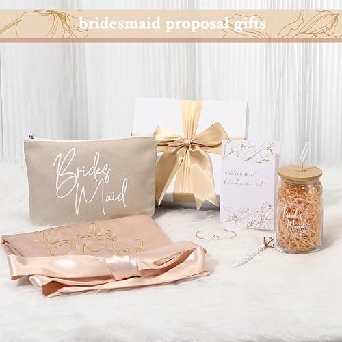 Irenare Bridesmaid Proposal Gifts Set Robes Makeup Bag Cup Cards Hair Tie Bracelet Diamond Pen Bridesmaid Gift Box(Champagne,8 Pcs) thumbnail 6