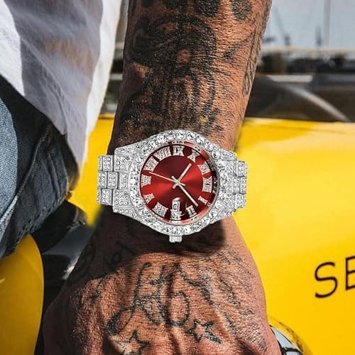 SENRUD Men's Diamond Watch Fashion Crystal Rhinestone Quartz Analog Watch Iced-Out Bracelet Wrist Watch thumbnail 4