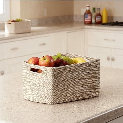 5 Pack Woven Storage Baskets for Shelves, Decorative Basket Organizer Storage Bins for Toys, Books, Clothes, Closet, Nursery, Bathroom – Cotton Rope Shelf Baskets for Organizing and Decor, Khaki thumbnail 7