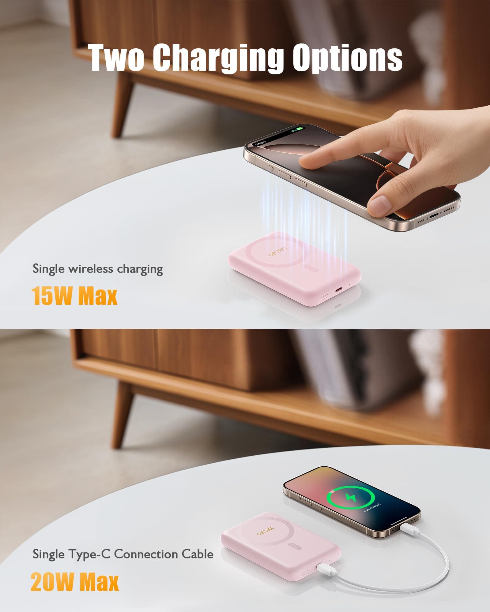 QECVEC Mag-Safe Power Bank - 10000mAh Magnetic Portable Charger with 15W Wireless Fast Charging & 20W PD Wired Charging, Compatible for iPhone 12/13/14/15/16 Series. (Pink) thumbnail 2