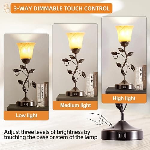 Touch Control Leaf Vintage Table Lamp with 3-Way Dimmable 2 USB C+A Ports | Bedside Nightstand Lamps, Amber Glass Shade Rural Leaf Lamp for Living Room Bedroom Dresser Home Decor, LED Bulb Included thumbnail 4