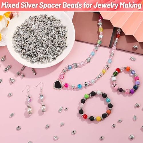 500 Pcs Bracelet Spacer Beads, Silver Bulk Random Styles Loose Spacer Metal Charm for Necklace, Earring Making DIY Jewelry Accessories thumbnail 2