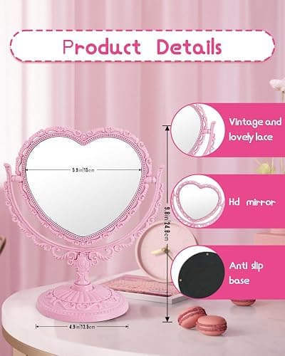 XPXKJ 7 Inch Vintage Heart Mirror - Elegant Desk Makeup Mirror with Double Sided 360 Degree Rotation Vanity Mirror for Coquette Room Decor thumbnail 2