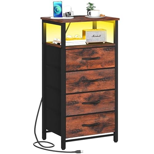 Yoobure Night Stand - LED Rustic Nightstand with Charging Station, Bedside Table with 4 Storage Drawers and Storage Shelf, End Table with USB Ports and Outlets - Image 1