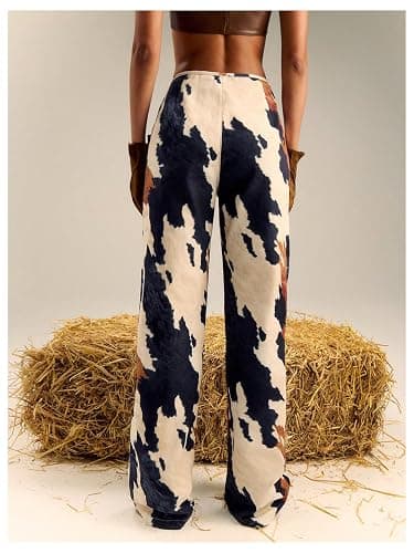 Floerns Women's Western Cow Print Wide Leg Denim Pants Casual Y2k Trousers thumbnail 2