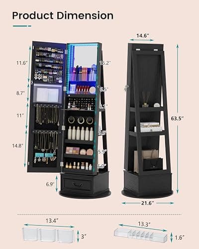 Vlsrka Mirror Jewelry Cabinet Standing with Lights, Lockable, Swivel, Black | Standing Jewelry Armoire with Full Length Mirror, Large Jewelry Organizer Storage with Foldable Makeup Shelf, 3 LED Lights thumbnail 3