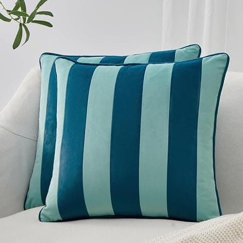 MONDAY MOOSE Decorative Throw Pillow Covers Cushion Cases, Set of 2 Soft Velvet Striped Piping Edge Designs, Pillow Inserts Not Included (16x16 inch, Blue/Light Blue) thumbnail 3
