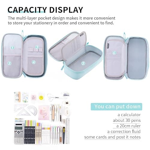 CICIMELON Durable Pencil Case Big Storage Pen Pouch Bag for School Supplies Office College Teen Adults, Light Blue thumbnail 3