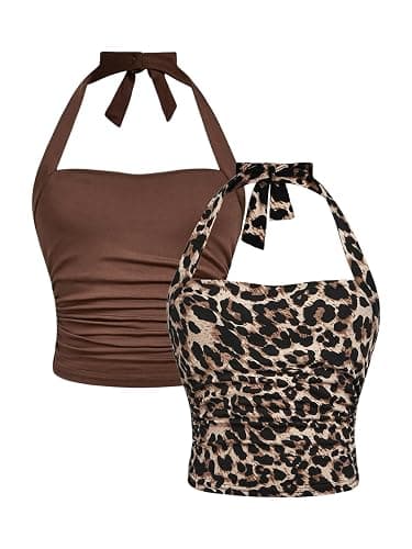 Floerns Girl's 2 Pcs Sleeveless Halter Top Leopard Print Ruched Y2k Tank Top - Image 1