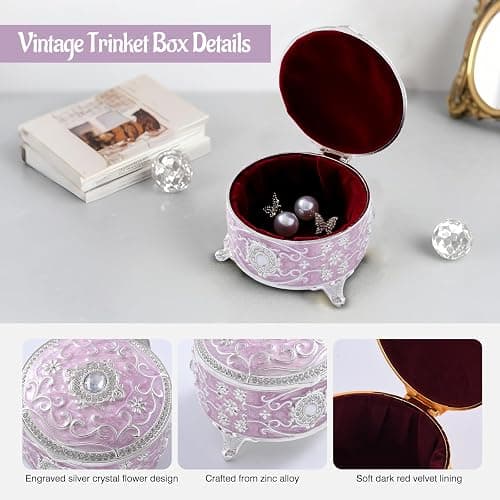 Qsabv Vintage Jewelry Box, Silver Round Treasure Ring Box, Metal Trinket Organizer Keepsake Box Gift for Girl Women, Light Purple thumbnail 3