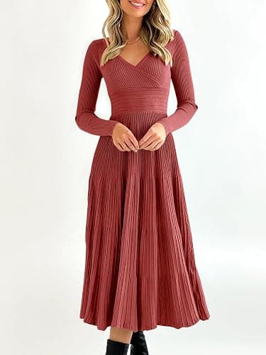 Saodimallsu Womens Long Sleeve Midi Sweater Dress Wrap V Neck Pleated A Line Fit Flare Elegant Knit Maxi Dress thumbnail 4