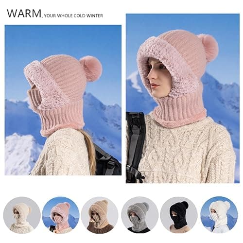 Women's Knitted Hat in Autumn and Winter, 3 in 1 Cold Resistant Hat, Wind-Resistant Scarf Hat Face Mask Hooded Scarf thumbnail 7