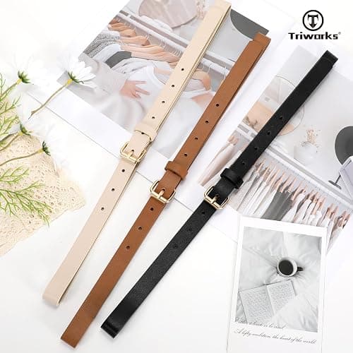 TRIWORKS 3 Pack Women Skinny Leather Belt for Jeans Pants Dress Ladies Thin Waist Belt with Gold Buckle thumbnail 3