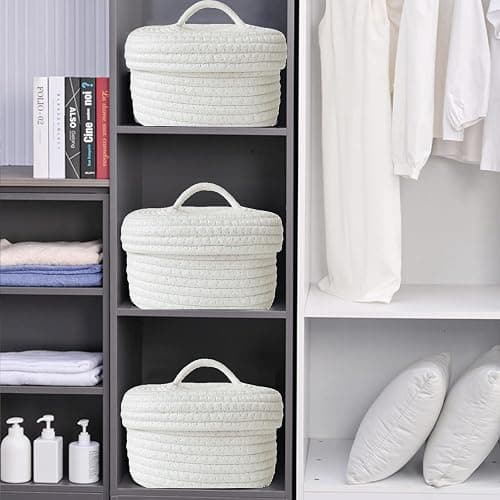 AUNMAS Oval Cotton Rope Storage Basket with Lid, Lidded Woven Storage Container Multifunctional Desktop Storage Box for Makeup Sundries Snack Needles (Milky White) thumbnail 4