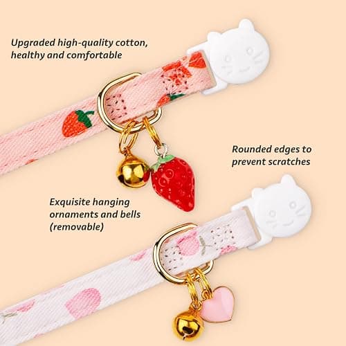 2 Pack Cotton Breakaway Cat Collar Pink Strawberries and White Heart Shaped Pendant Cute Kitten Cat Collar with Bell thumbnail 2