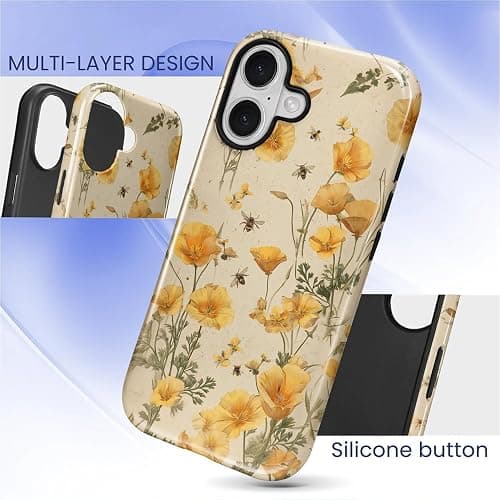 FKBRCL4U for iPhone 17 Case, Hybrid 2-Layer Silicone Protective Glossy Case for Girl Women for iPhone 17 Cute Eco Friendly Vintage Bee Yellow California Poppies Pattern thumbnail 4