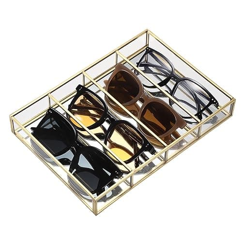 Hipiwe Sunglass Organizer Tray, 4 Grids Eyeglasses Watch Holder Gold Glass Eyewear Glasses Storage Case for Women Men, Mirrored Jewelry Perfume Vanity Display Tray Drawer Divider Insert thumbnail 9