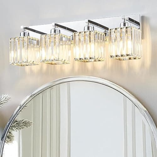 Aixialin Bathroom Light Fixtures Crystal Modern Vanity Lighting Fixtures 4 Light Chrome Bathroom Vanity Light - Image 1