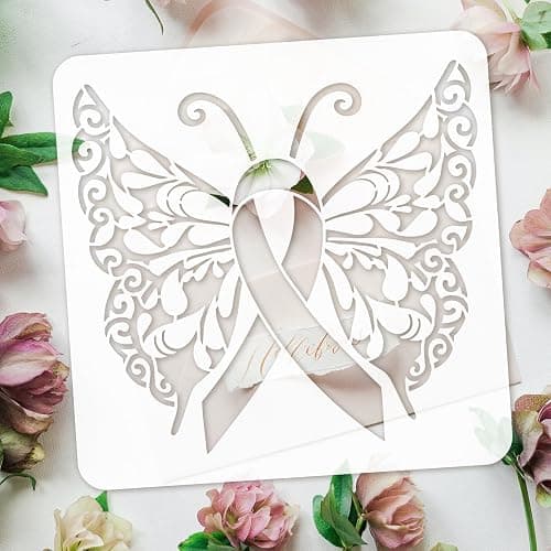 FINGERINSPIRE Red Ribbon Butterfly Painting Stencil 11.8x11.8inch Beautiful Butterfly with Ribbon Body Template Breast Cancer Prevention Theme Stencil Painting On Fabric Clothing Wood Canvas Decor thumbnail 2