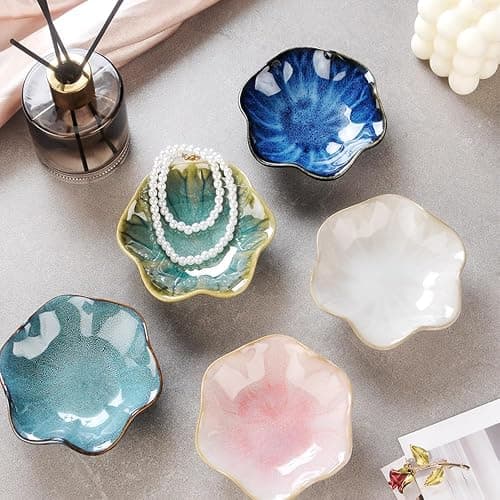 Lotus Leaf Shape Ring Holder Dish, Small Key Bowl, Ceramic Trinket Tray Jewelry Dish Organizing Necklace Earrings for Mom Friend Sister. All Jewelries Are NOT Included. Light Blue. thumbnail 5