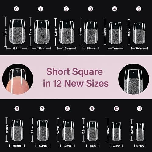 Misssix Short Square Gel Nail Tips Kit, 216Pcs Pre Etched Clear Nail Tips | Full Cover False Nail 9-in-1 Gel Glue and Portable Mini U V Nail Lamp for Women 12 Sizes thumbnail 7