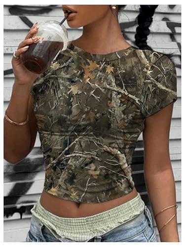 SOLY HUX Girl's Camo T Shirt Crew Neck Short Sleeve Tee Y2k Vintage Leaf Print Going Out Crop Tops thumbnail 5