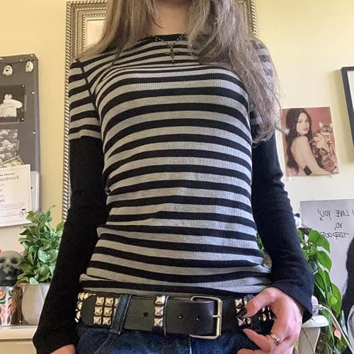 Barbotimer Womens Y2k Striped Shirt Fairy Grunge Baggy Long Sleeve Tops | Stylish Off Shoulder Slim Fit T-Shirts Vintage Aesthetic Alt Emo Gothic Clothes 2000s Harajuku Teens Girls Tee Top Streetwear thumbnail 3