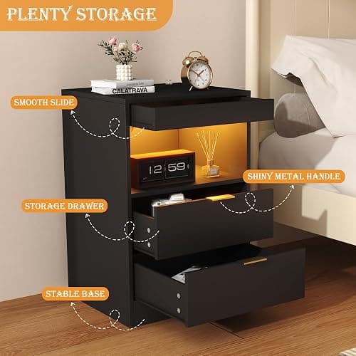 Yusong LED Nightstand Bedside Table with Charging Station 2 Drawers, Black Modern Sofa Couch End Side Table with Lights, Invisible Lock and Pull-Out Shelf for Bedroom Living Room thumbnail 5
