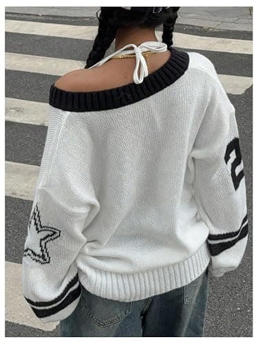 BEAUDRM Women's Y2K Sweater Oversized Sweaters Long Sleeve V Neck Pullover Jumper Knit Top thumbnail 2