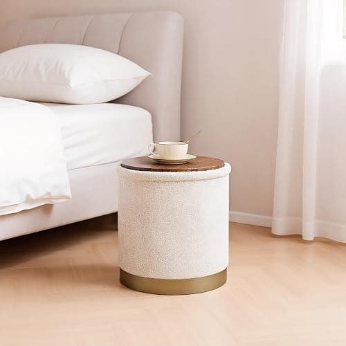 CAIPINFUL 15 Inches Round Storage Ottoman - Boucle Ottoman Foot Rest with Gold for Living Room,Bedroom and Dorm-White thumbnail 5
