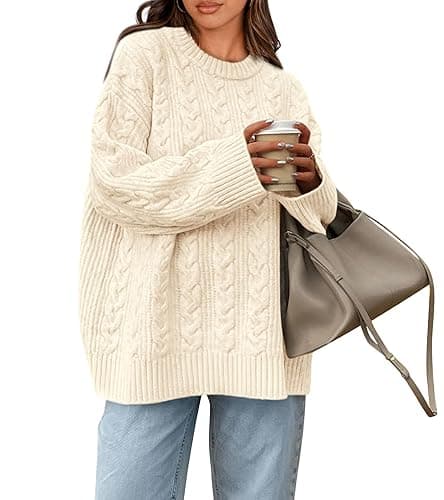 Okiwam Women's Oversized Sweaters Crewneck Cable Knit Pullover Casual Loose Fall Outfits Fashion Clothes 2025 - Beige White - Large