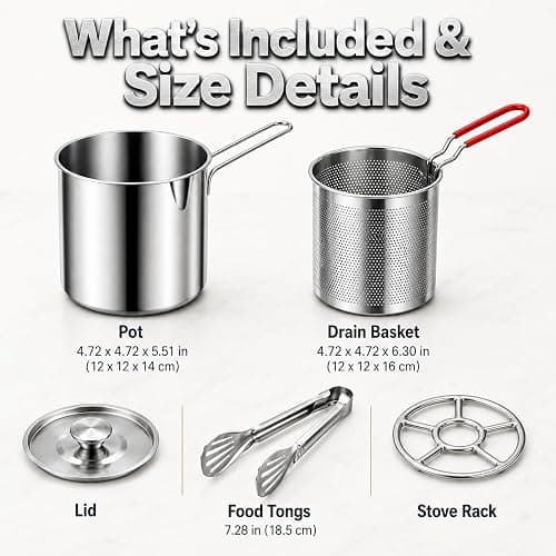 Mini Deep Fryer Pot with Basket, 1.2L Stainless Steel Fryer Set (5Pcs) | Lift-Out Strainer, Pour Spout, Lid, Tongs & Stove Rack for Fries, Chicken, Shrimp & More thumbnail 8