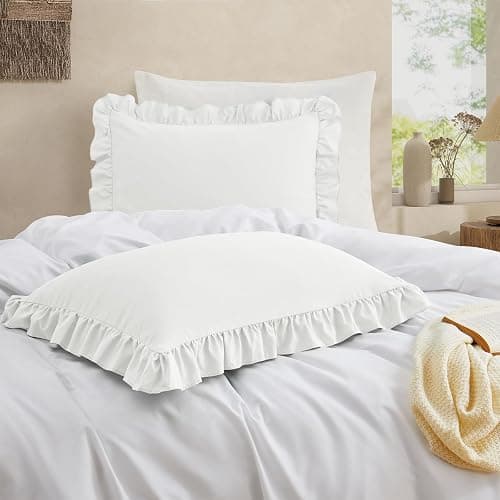 Cobedzy Ruffled Pillow Cases Set of 2, White Standard Pillow Shams Brushed Microfiber Edge Ruffled Soft Pillow Cover with Envelope Closure for Bedding Decor (20"x26") thumbnail 2