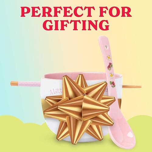 Silver Buffalo Strawberry Shortcake and Custard “A Little Love is All it Takes” Ceramic Ramen Bowl with Chopsticks and Spoon, 20 Ounces thumbnail 7
