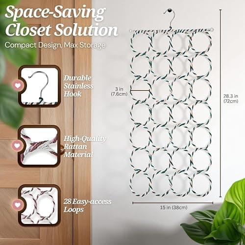 Flexzion Scarf Organizer for Closet - 28 Slot Scarf Hanger Hijab Organizer, Space Saver for Socks, Shawls, Ties, Towels, Belts, Multi Purpose Hanging Rack Storage, 1 Pack Colors May Vary thumbnail 7