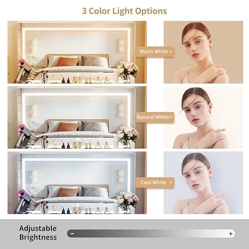 VOWNER Vanity With Lighted Mirror - Makeup Desk With Power Outlet and 9 Drawers, 3 Color Lighting Modes Adjustable Brightness, 43" Table With Soft Cushioned Stool for Bedroom, White thumbnail 3