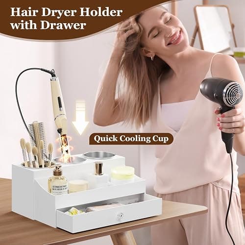 GFWARE Acrylic Hair Dryer Holder with Drawer, Bathroom Organizer Countertop Drawers with 3 Stainless Cups, Makeup Vanity Accessories, Hair Hot Tools Organizer, Toiletry, White thumbnail 4