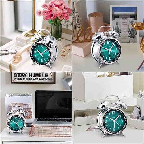 Peakeep Loud Alarm Clock for Heavy Sleepers Adults, Metal 4.5" Twin Bell Battery Operated Alarm Clocks for Bedrooms Decoration (Peacock Green) thumbnail 6