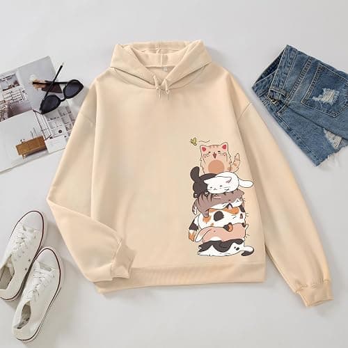 Tuislay Cute Cat Graphic Hoodies for Teen Girls Kawaii Cartoon Printed Hoodie Women Anime Print Hooded Sweatshirt Pullover thumbnail 4
