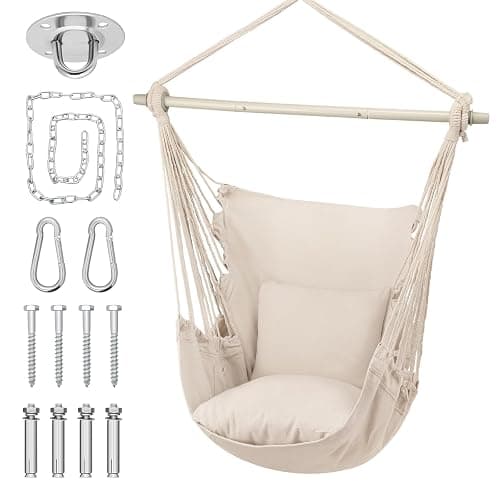 MoNiBloom Hammock Chair Hanging Rope Swing w/2 Cushions, Boho Macrame Hanging Chair Max 350 lbs Capacity w/Side Pocket for Adults Indoor/Outdoor, Living Room Bedroom Comfy Reading Swinging Chair - Image 1