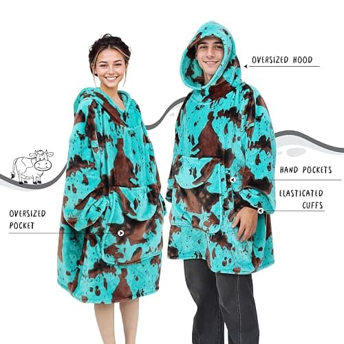 KIVEE Blue Cow Print Wearable Blanket Hoodie Oversized Fleece Sweatshirt Blanket with Giant Pocket Warm Cozy Hooded Blanket for Adult Cow Gifts for Women Men thumbnail 3