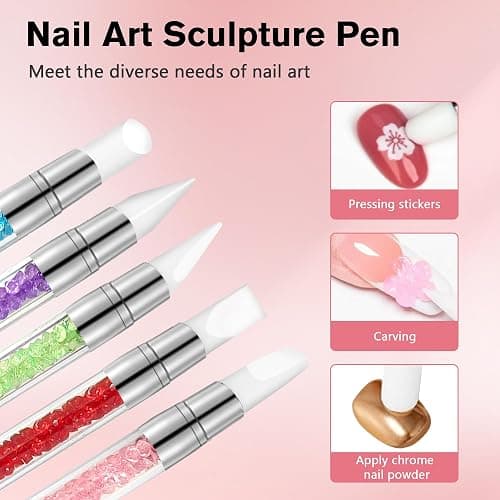 Nail Art Brushes, 23Pcs Set Nail Art Tools, including 2 Way Nail Art Sculpture Pen Dotting Pen Tools, Nail Art Brushes with Nail Brush Brackets, Resin Nail Art Palette for Nail Art DIY Tools (Pink) thumbnail 5