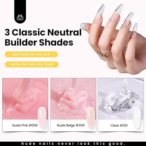 Beetles Hard Gel Nail Extension Kit, 3 Color Builder Gels & Half Cover Tips | Clear Nude Glitter for Nail Extension Sculpting, with Long Square Nail Tips, Base & Top Coat for Pros Women, UV&LED Cured thumbnail 6