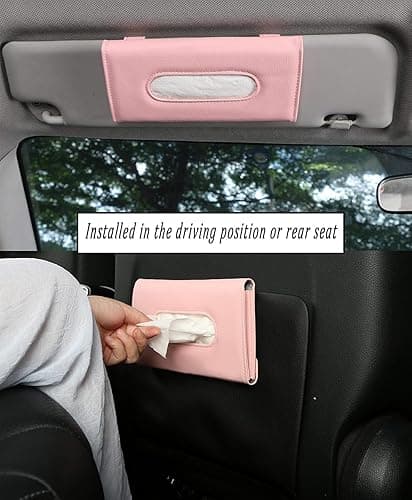 Car Tissue Holder, Sun Visor Napkin Holder, Backseat Napkin Case, Premium Tissues Box, Vehicle Interior Accessories Universal for Car SUV Pickup Truck (Pink) - Pink thumbnail 6
