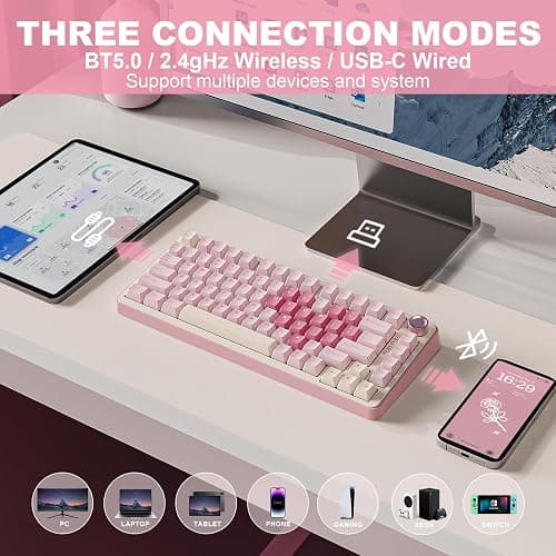 YUNZII B75 PRO Wireless Mechanical Keyboard,75% Layout with Knob,Hot Swap Gasket Custom Structure,Creamy Pre-lubed Switches,RGB Backlit,Bluetooth/Type-C/2.4G for Win/Mac(Cocoa Cream V2 Switch,Pink) - Cocoa Cream V2 Switch - Pink thumbnail 3