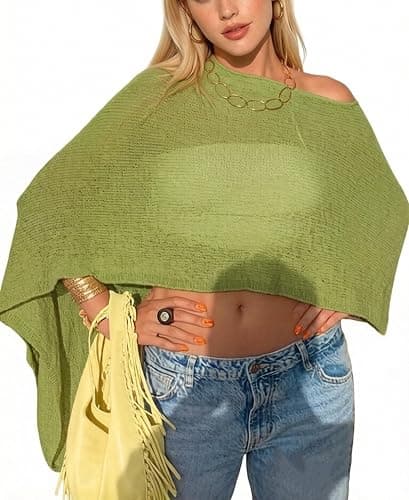 Women Sheer Poncho Top Lightweight Knit Crochet Shrug Bolero Mesh Batwing Sleeve Sweater Cover Up Beachwear - Image 1