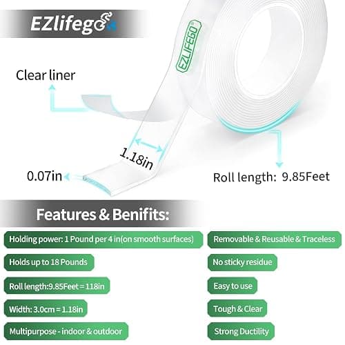 EZlifego Double Sided Tape Heavy Duty, Nano Double Sided Adhesive Tape, Clear Mounting Tape Picture Hanging Adhesive Strips (9.85FT) thumbnail 2