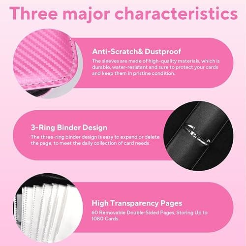 ULLTOON Portable 9-Pocket Trading Card Binder, Holds 1080 Cards | with 60 Removable Sleeves Baseball Card Binder, Compact Card Album Organizer for Game & Sports Cards, Pink Color thumbnail 6